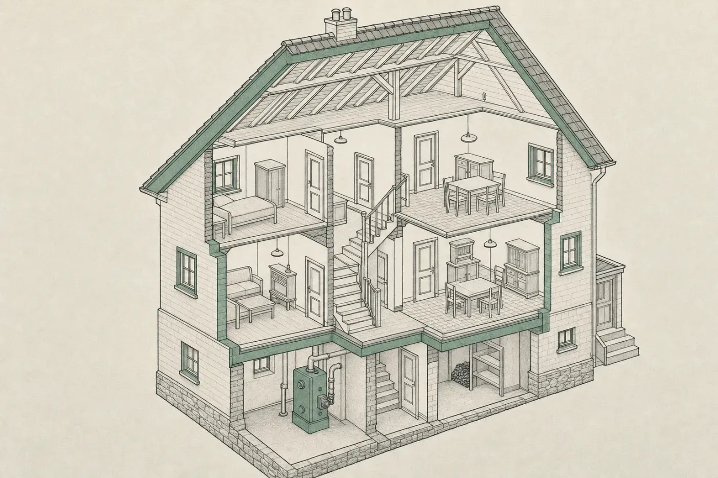 Aufgeschnittenes freistehendes Wohnhaus der 1930er Jahre in axonometrischer Zeichnung: Dach, Außenwände, Fenster und Kellerdecke sind als Schichten der Gebäudehülle hervorgehoben, im Keller steht der alte Heizkessel.