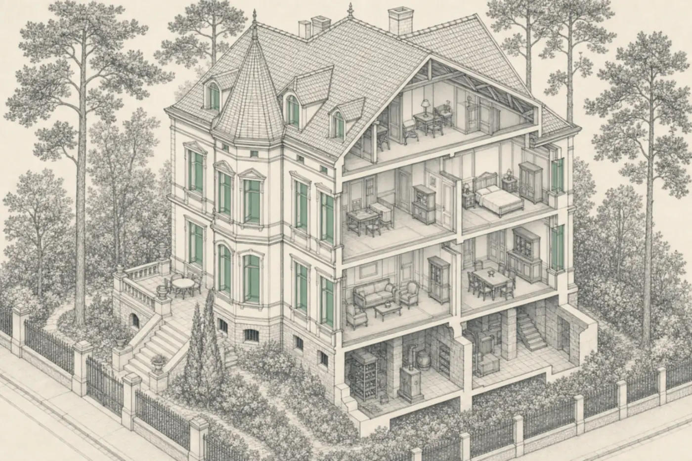 Aufgeschnittene Berliner Stadtvilla um 1900 in axonometrischer Zeichnung: zweieinhalb Geschosse über einem Souterrain, Turmerker, steiles Ziegeldach, und in jeder Fassadenöffnung ein Kastenfenster mit zwei Fensterebenen.