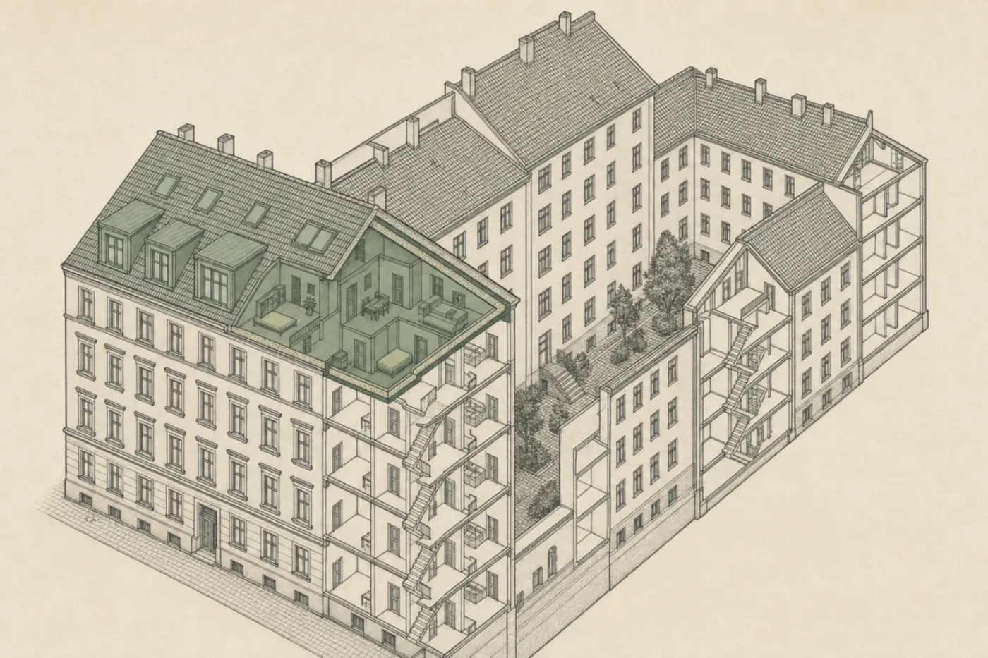 Aufgeschnittenes Berliner Blockrandgrundstück um 1900 in axonometrischer Zeichnung: Vorderhaus, Seitenflügel und Quergebäude um zwei schmale Höfe, darüber das ausgebaute und neu gedämmte Dachgeschoss des Vorderhauses.