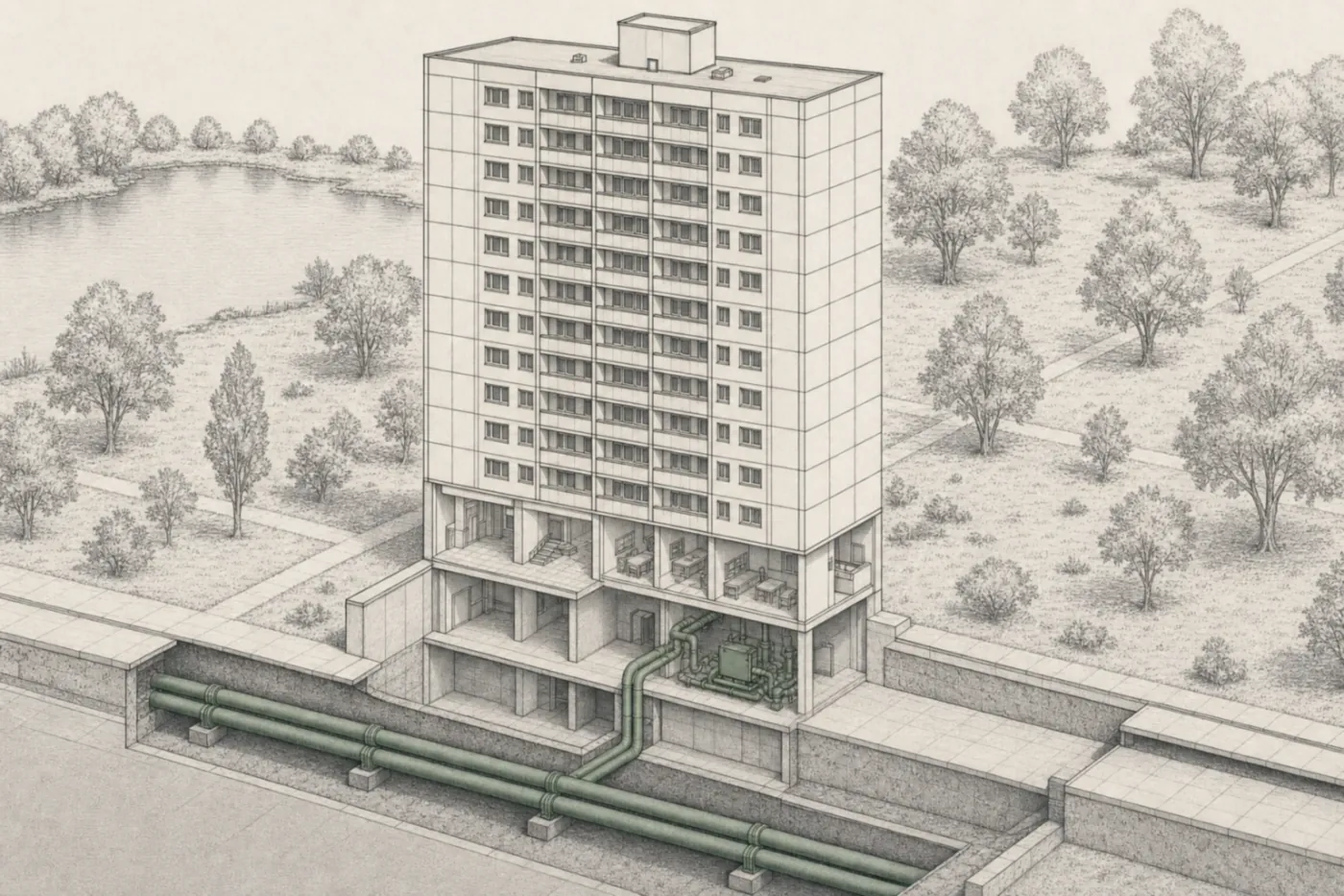 Axonometrische Zeichnung einer sechzehngeschossigen Plattenbauscheibe der 1970er Jahre am Park, davor die aufgeschnittene Straße: zwei dicke Fernwärmeleitungen laufen unter der Fahrbahn und zweigen in den Keller des Hauses ab.
