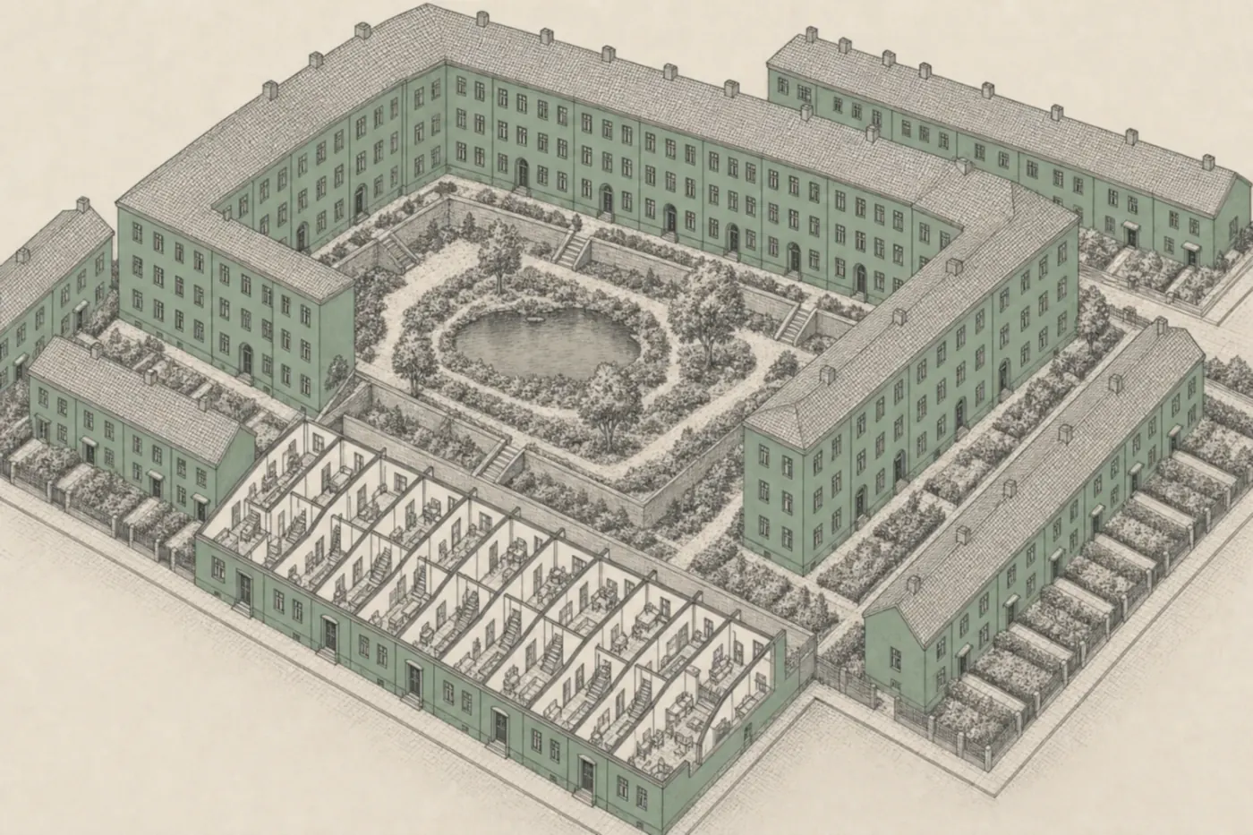 Axonometrische Vogelperspektive einer Berliner Siedlung der 1920er Jahre: Geschosswohnungsbau um einen abgesenkten Grünhof mit Teich, davor Reihenhauszeilen mit Gärten, eine Zeile aufgeschnitten, die Putzfassaden als geschützte Fläche hervorgehoben.