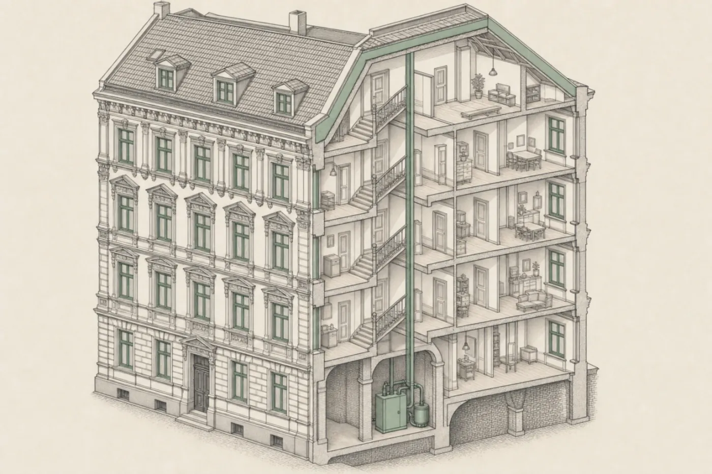 Aufgeschnittener Gründerzeitbau in axonometrischer Zeichnung: Stuckfassade mit neuen Fenstern, durchgehend gedämmtes Dach und eine moderne Heizzentrale im Keller, von der ein Strang durch das ganze Haus führt.