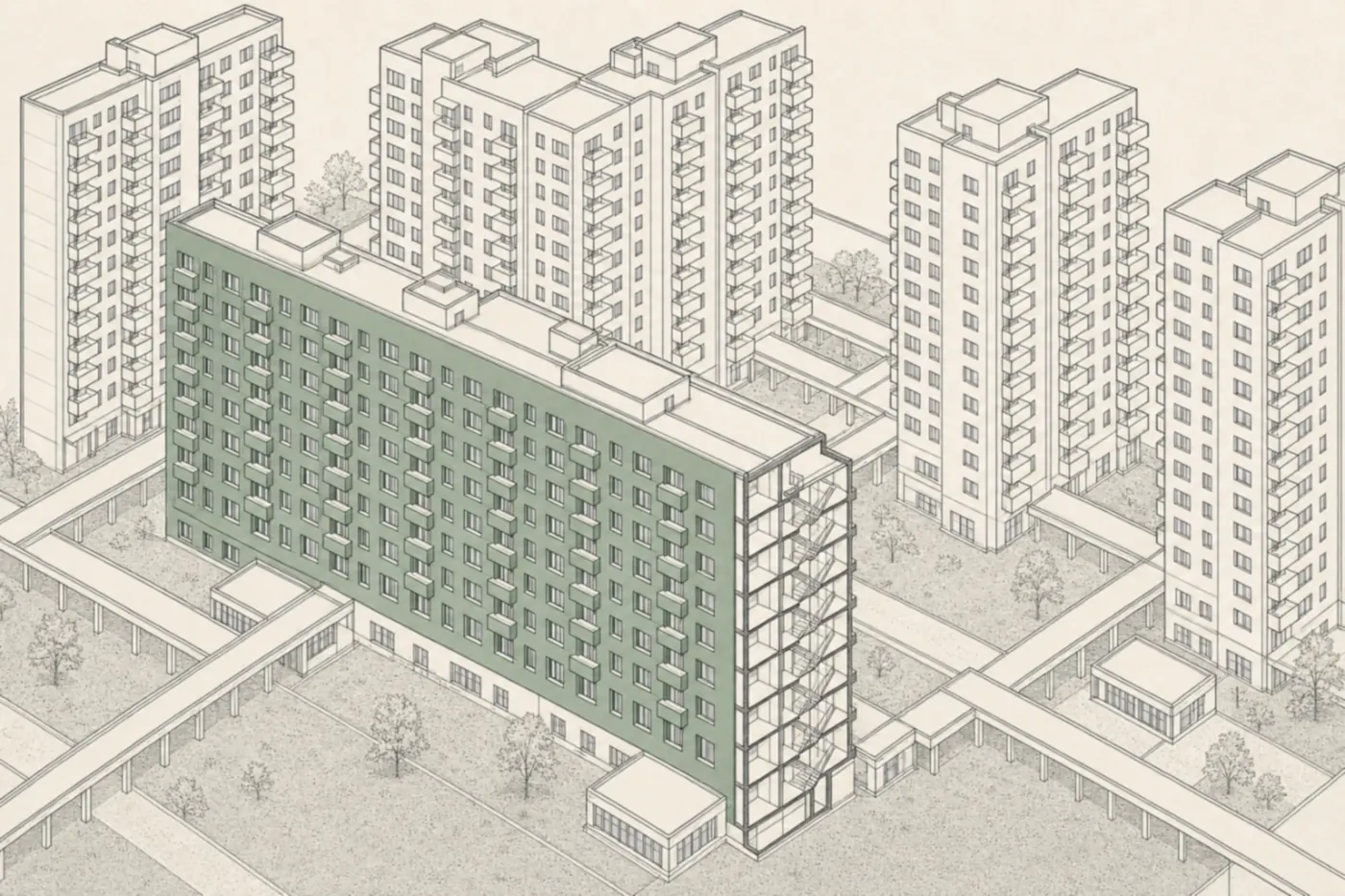 Axonometrische Zeichnung einer Großsiedlung der späten 1960er Jahre: versetzt gestaffelte Hochhausscheiben mit vorspringenden Balkonen, die vordere aufgeschnitten und über die gesamte Fassade mit neuer Dämmung und neuen Fenstern versehen.
