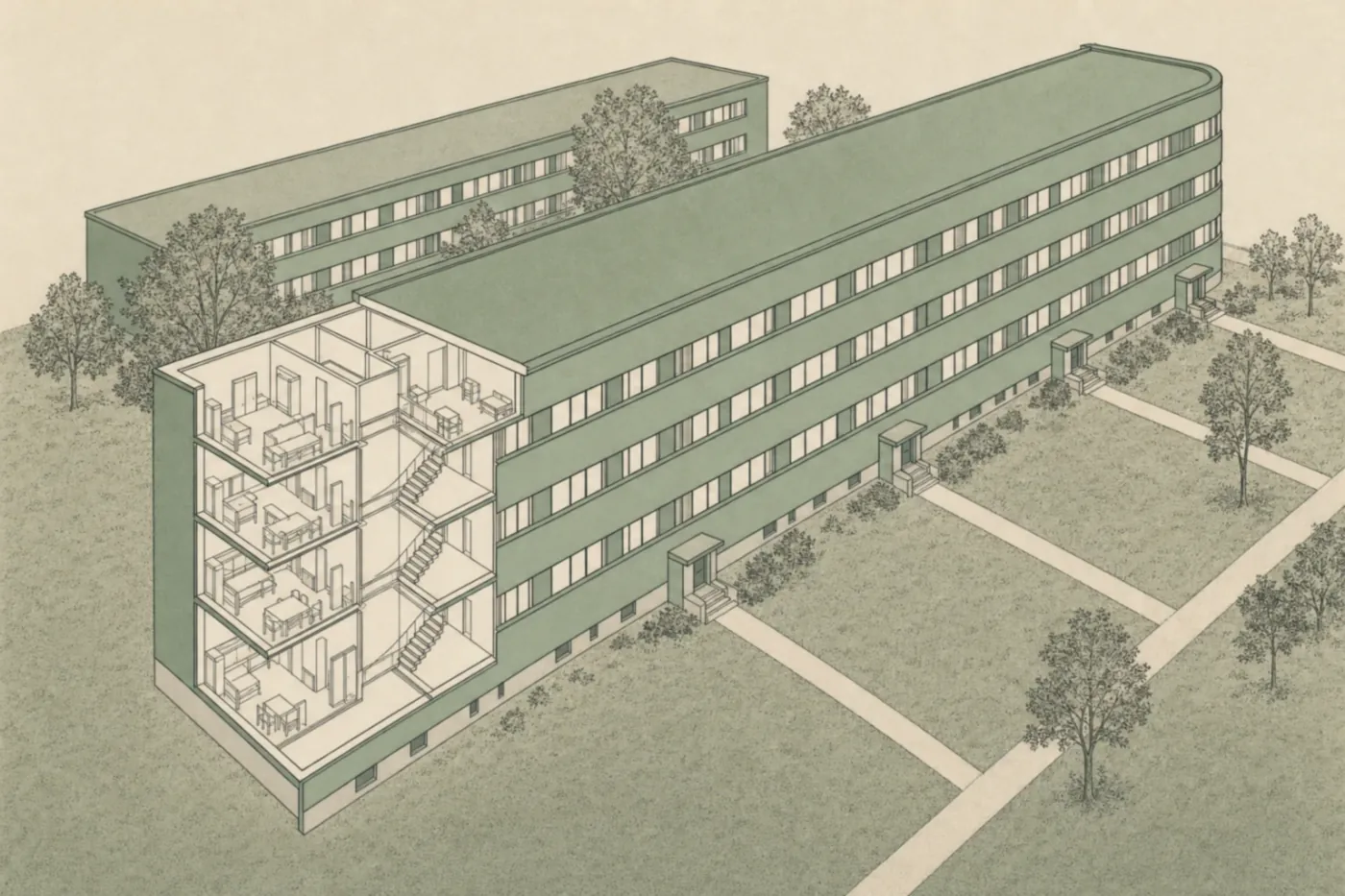 Axonometrische Zeichnung einer Wohnzeile der Berliner Moderne von 1929: vier Geschosse, durchlaufende Bandfenster, Flachdach, an einem Ende aufgeschnitten, die gesamte Außenhülle als eine zusammenhängende geschützte Fläche hervorgehoben.