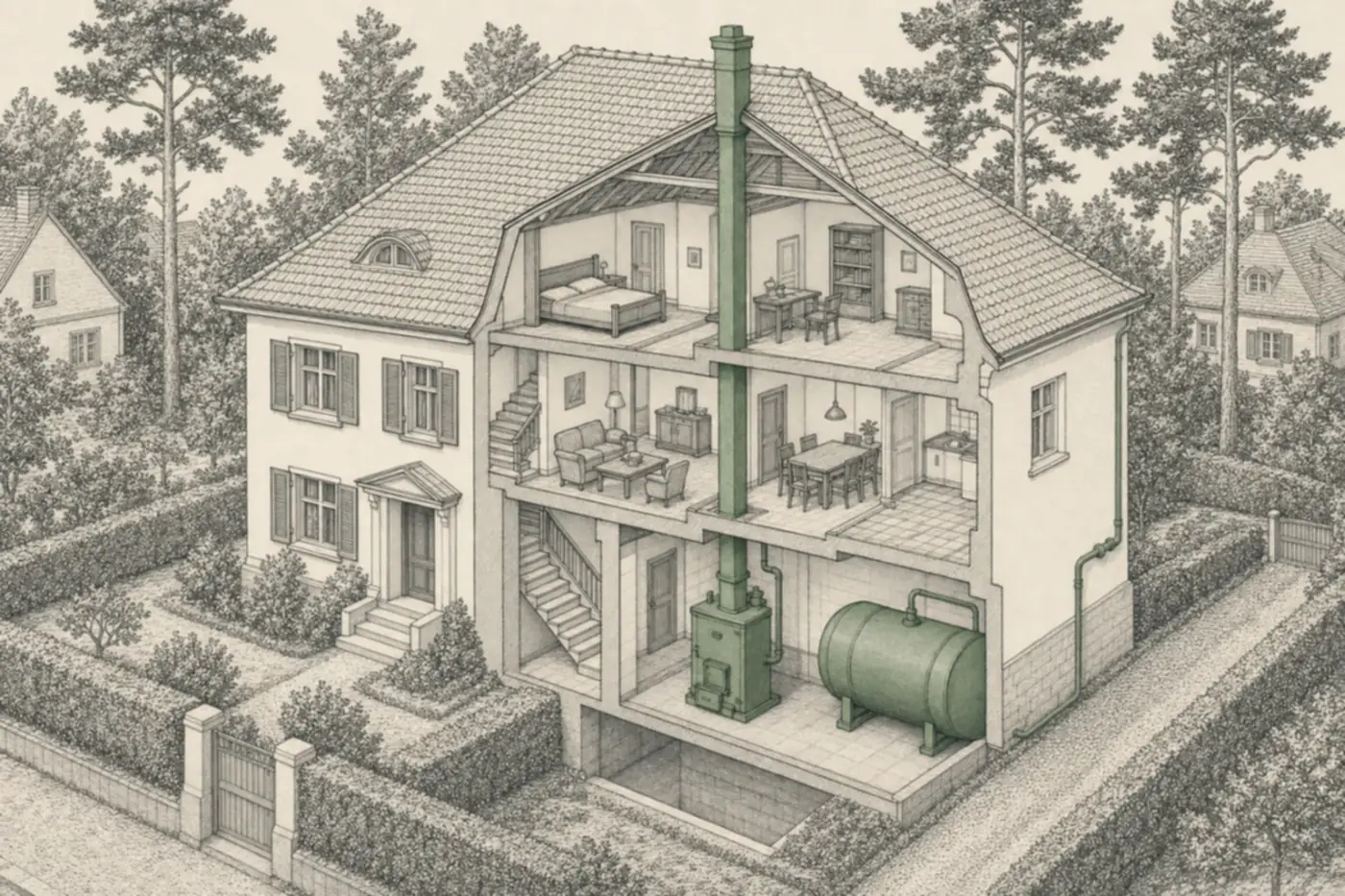 Aufgeschnittenes freistehendes Einfamilienhaus der 1930er Jahre in axonometrischer Zeichnung: Walmdach, Putzfassade mit Klappläden, im Keller ein alter Ölkessel mit Abzug und daneben der liegende Öltank.