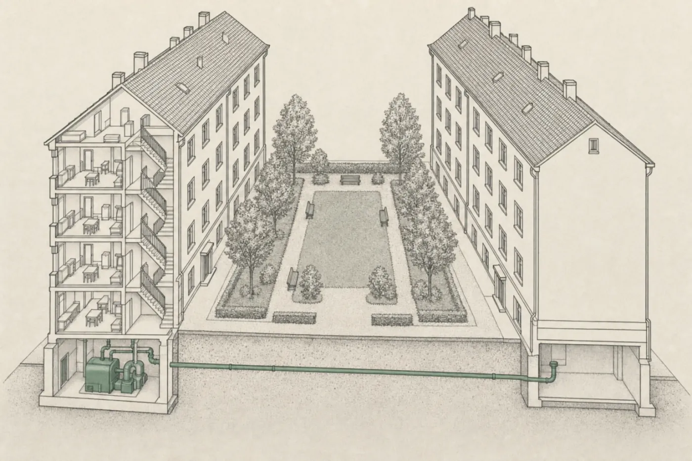 Axonometrische Zeichnung einer Genossenschaftssiedlung der 1920er Jahre: zwei viergeschossige Zeilen um einen rechteckigen Grünhof, der linke Block aufgeschnitten, im Keller die Heizzentrale und eine Leitung quer unter dem Hof zum gegenüberliegenden Block.