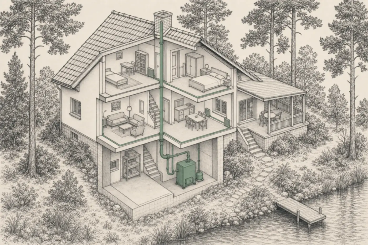 Aufgeschnittenes freistehendes Wohnhaus der 1960er Jahre am Wasser in axonometrischer Zeichnung: Satteldach, Veranda, Kiefern, ein Holzsteg am Ufer, und im Keller ein alter Kessel mit Abzug und einem einzigen Heizkreis.