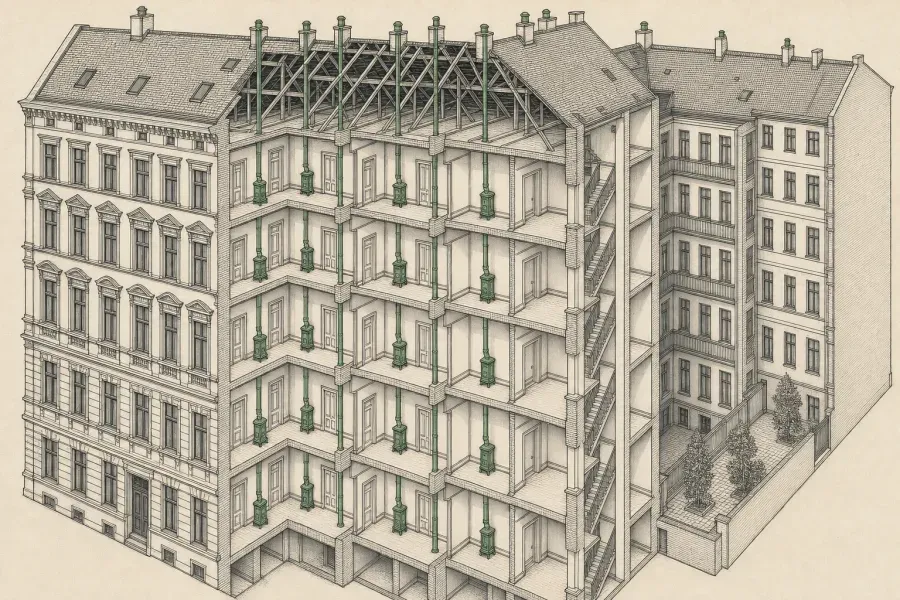 Aufgeschnittener Berliner Gründerzeit-Altbau von etwa 1890 in axonometrischer Zeichnung: fünf Geschosse, Seitenflügel um einen schmalen Hof, ungedämmter Dachstuhl, und in jeder Wohnung eine eigene Gasetagenheizung mit eigenem Abzug.