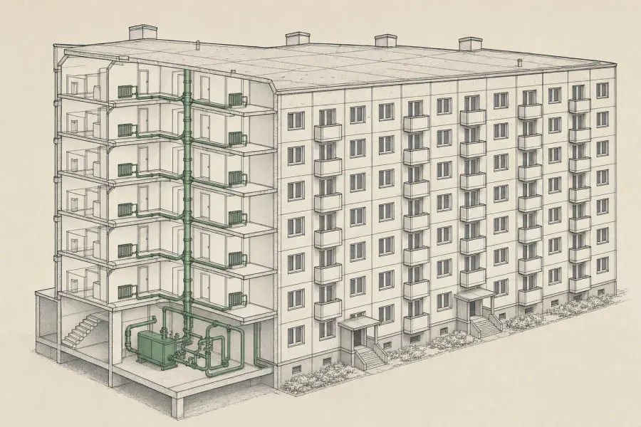 Aufgeschnittener Plattenbau der 1970er Jahre in axonometrischer Zeichnung: sechs Geschosse, sichtbares Raster der Plattenfugen, Flachdach, und ein zentraler Fernwärmestrang, der von der Übergabestation im Keller in jede Wohnung abzweigt.