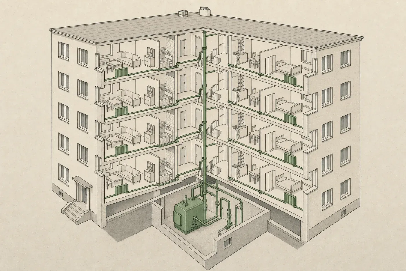 Aufgeschnittenes Berliner Mehrfamilienhaus der späten 1960er Jahre in axonometrischer Zeichnung: ein einziger Heizkessel im Keller speist über einen Strang die Heizkörper in allen Wohnungen.